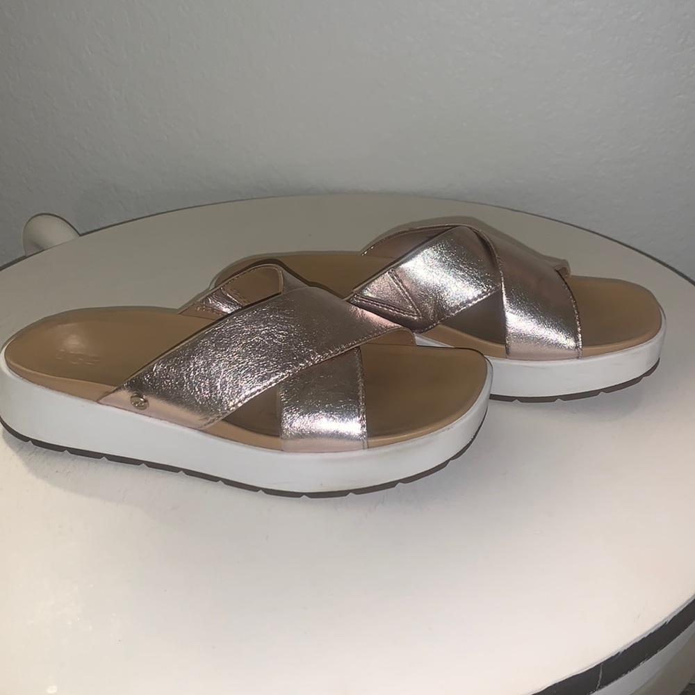 UGG Women's Metallic Kari Rose Gold Cross Strap Slides